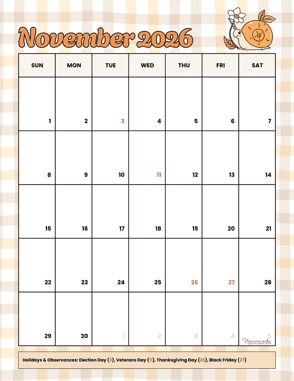 November Calendar 2026 Cute Orange Autumn Portrait