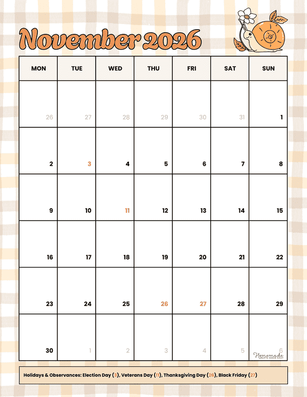 November Calendar 2026 Cute Orange Autumn Portrait Monday Start