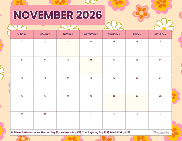 November Calendar 2026 Cute Playful Pink and Orange Flowers