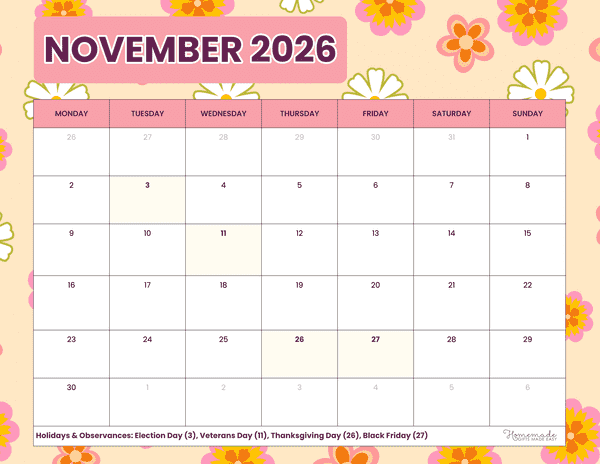 November Calendar 2026 Cute Playful Pink and Orange Flowers Monday Start