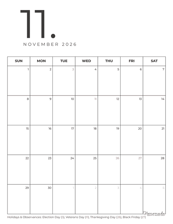 November Calendar 2026 Minimalist Portrait