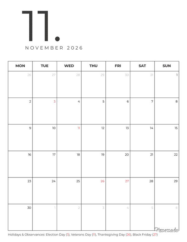 November Calendar 2026 Minimalist Portrait Monday Start