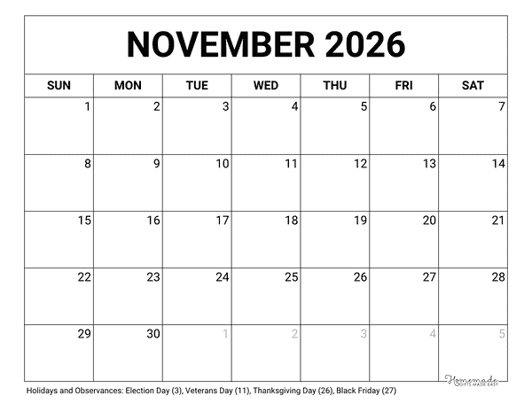 November Calendar 2026 Printable Blank