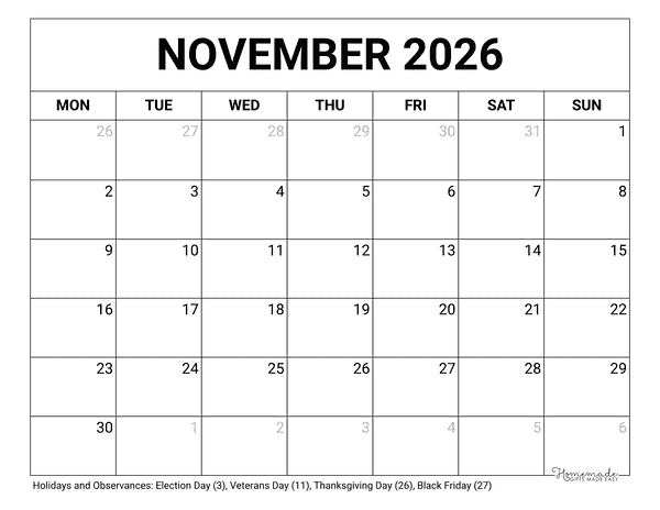November Calendar 2026 Printable Blank Monday Start