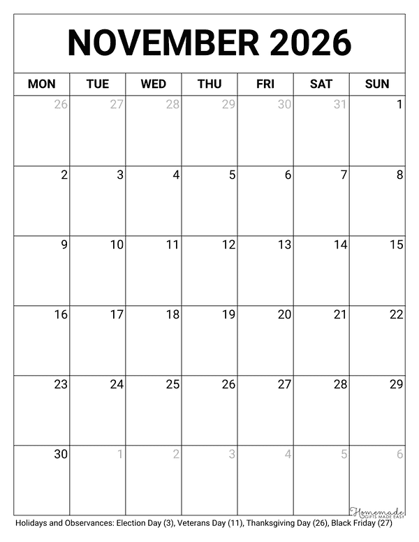 November Calendar 2026 Printable Blank Portrait Monday Start