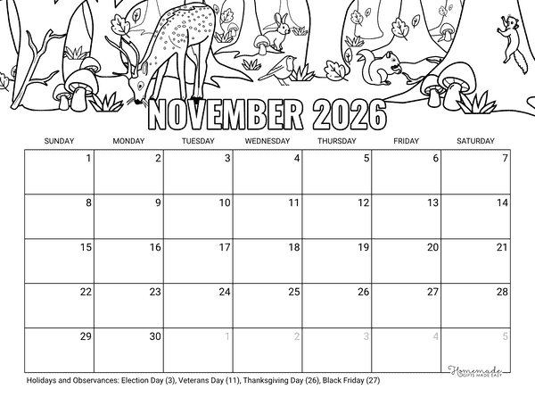 November Calendar 2026 Printable Cute Fall Forest Animals to Color
