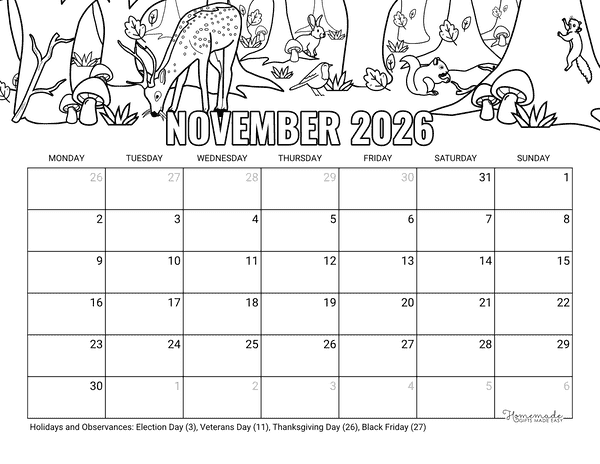 November Calendar 2026 Printable Cute Fall Forest Animals to Color Monday Start