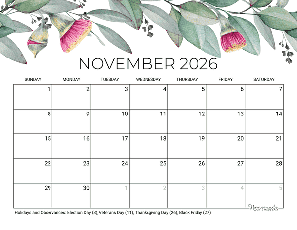 November Calendar 2026 Printable Eucalyptus