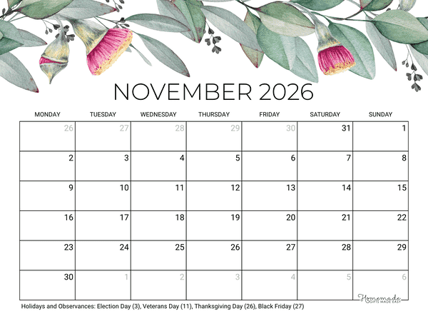 November Calendar 2026 Printable Eucalyptus Monday Start