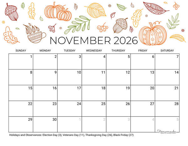 November Calendar 2026 Printable Fall Landscape