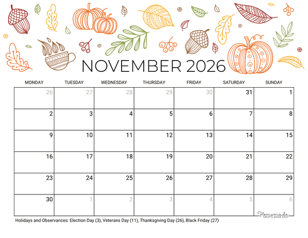 November Calendar 2026 Printable Fall Landscape Monday Start