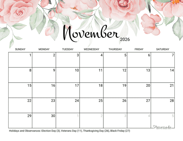 November Calendar 2026 Printable Rose