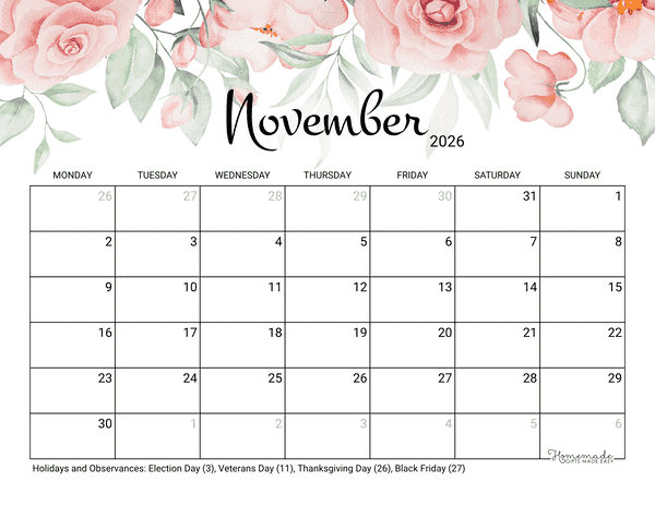 November Calendar 2026 Printable Rose Monday Start