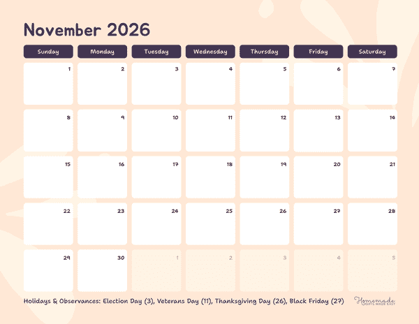 November Calendar 2026 Purple Beige Minimalist
