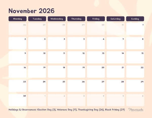 November Calendar 2026 Purple Beige Minimalist Monday Start