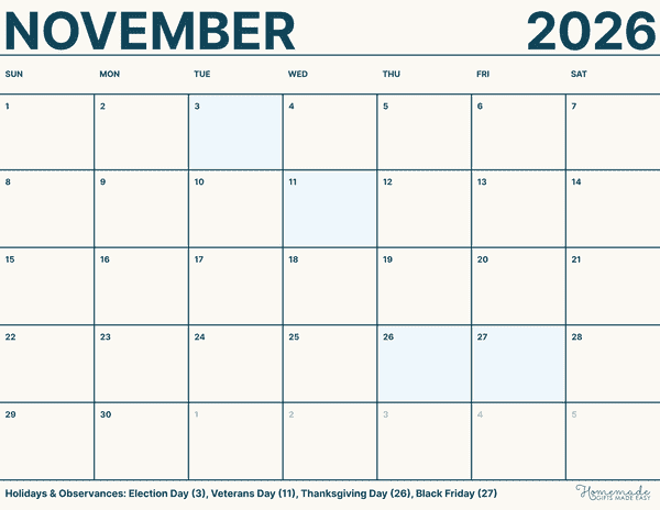 November Calendar 2026 Simple Dark Teal Minimalism