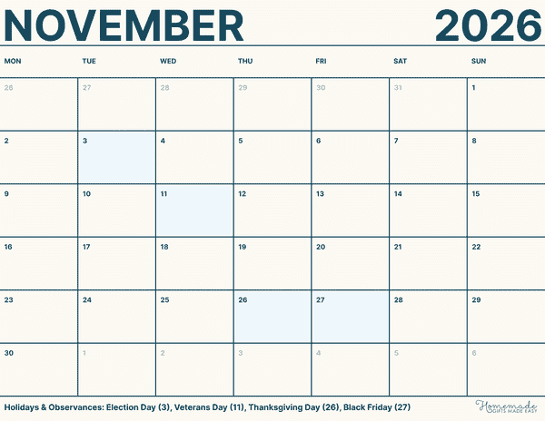November Calendar 2026 Simple Dark Teal Minimalism Monday Start