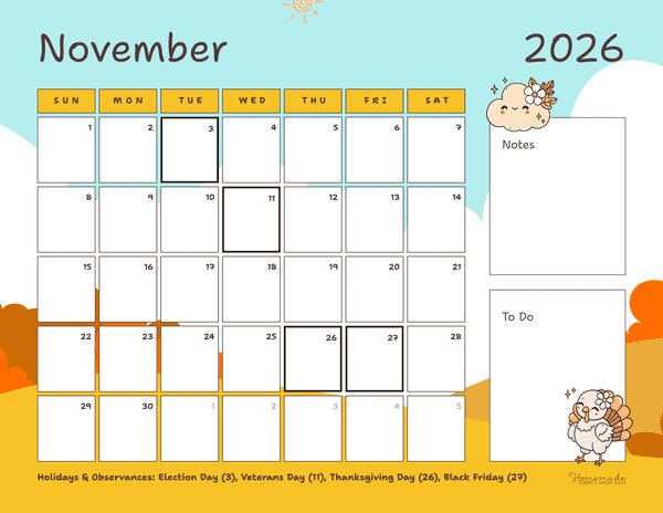 November Calendar 2026 Yellow and Orange Playful Autumn Scenery