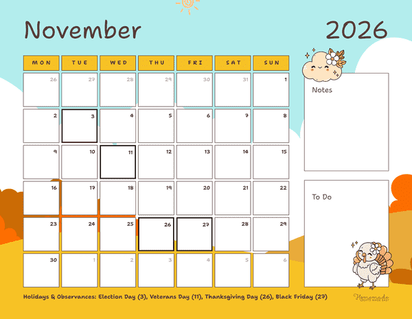 November Calendar 2026 Yellow and Orange Playful Autumn Scenery Monday Start