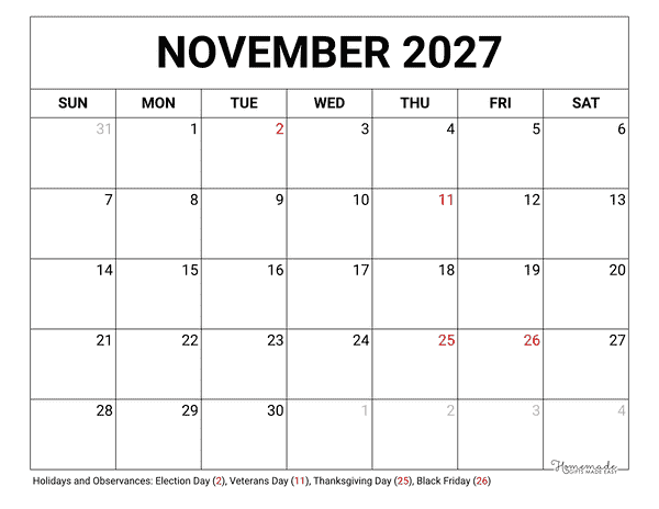 November Calendar 2027 Printable Blank