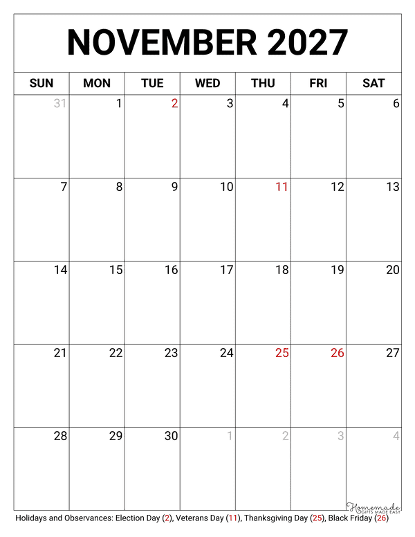 November Calendar 2027 Printable Blank Portrait