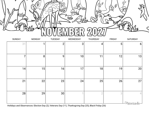 November Calendar 2027 Printable Cute Fall Forest Animals to Color