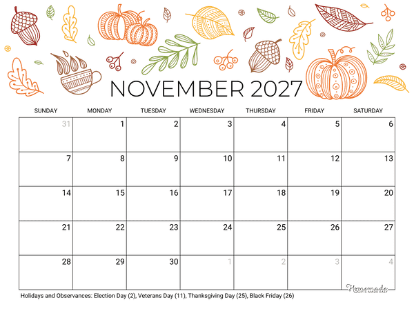November Calendar 2027 Printable Fall Landscape