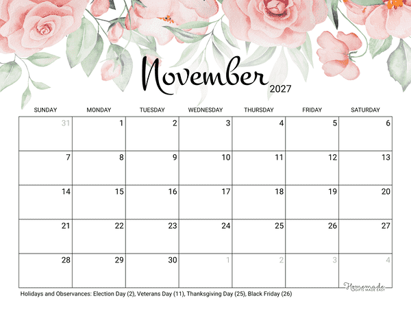 November Calendar 2027 Printable Rose