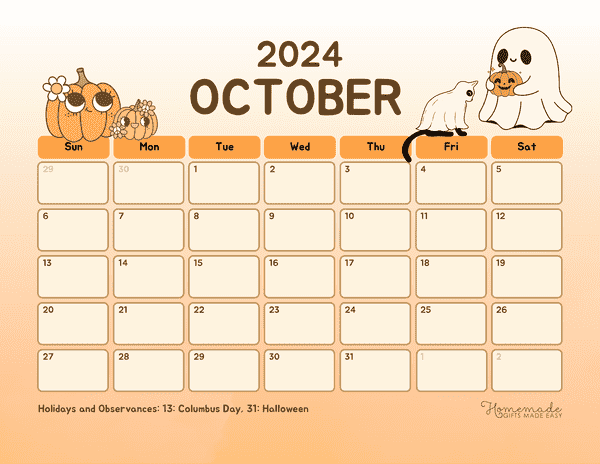 October 2024 Calendars Cute Orange Halloween