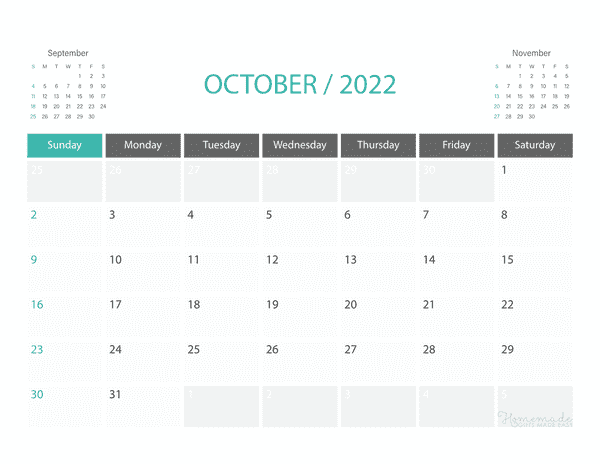 October Calendar 2022 Printable Corporate Landscape