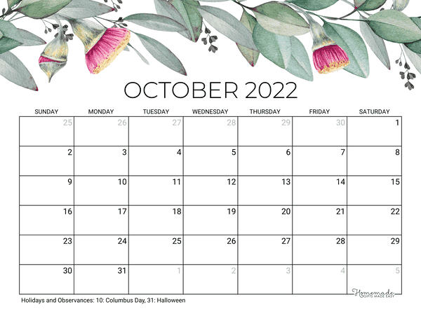 october Calendar 2022 Printable Eucalyptus