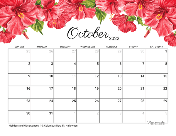 october Calendar 2022 Printable Hibiscus