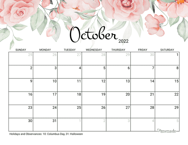 october Calendar 2022 Printable Rose