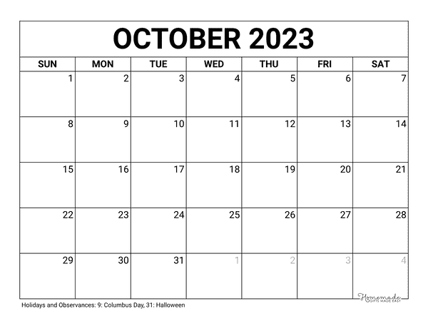 Free Printable 2023 October Calendar