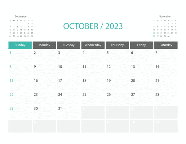 October Calendar 2023 Printable Corporate Landscape