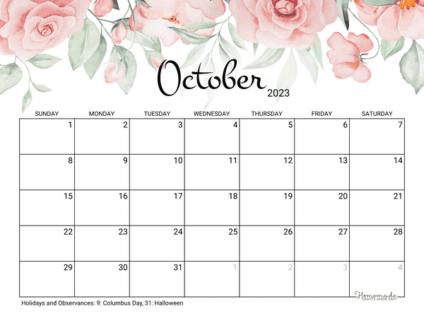 October Calendar 2022 Printable Rose