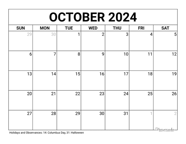 October 2024 Calendars | Free Printable with Holidays October 2024 Calendars | Free Printable with Holidays