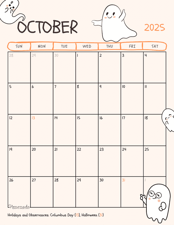 October Calendar 2025 Cute Ghosts Portrait