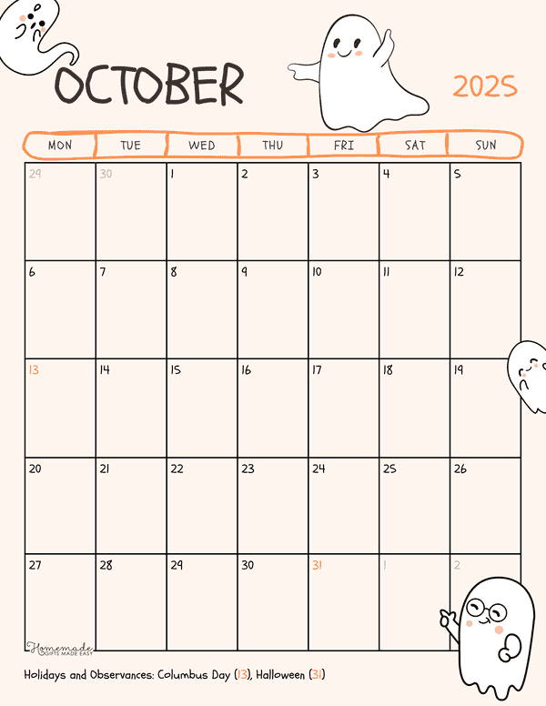 October Calendar 2025 Cute Ghosts Portrait Monday Start