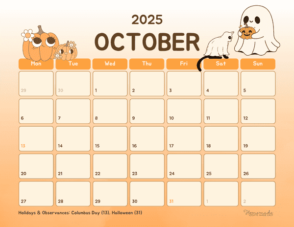 October Calendar 2025 Cute Orange Halloween Monday Start