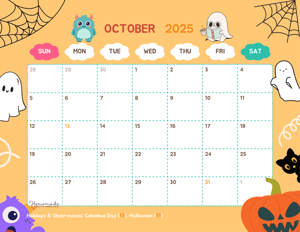 October Calendar 2025 Cute Spooky Orange Halloween