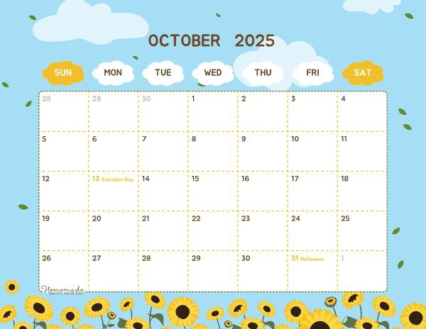 October Calendar 2025 Cute Sunflower Field