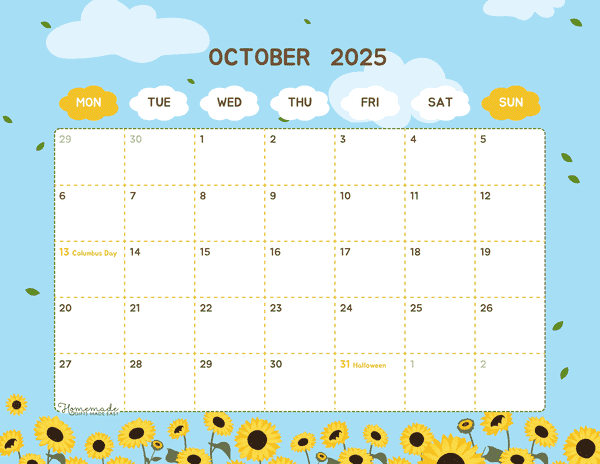 October Calendar 2025 Cute Sunflower Field Monday Start