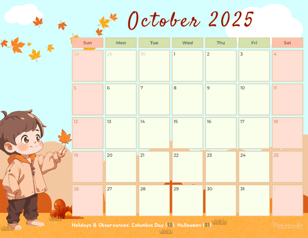 October Calendar 2025 Kawaii Autumn Scene