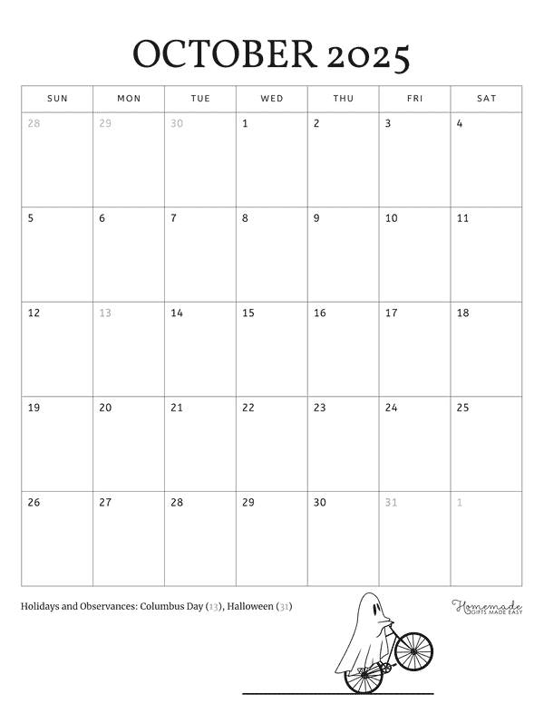 October Calendar 2025 Minimalist Ghost Portrait