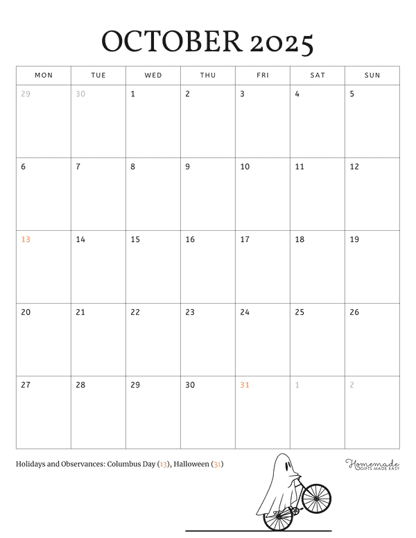 October Calendar 2025 Minimalist Ghost Portrait Monday Start