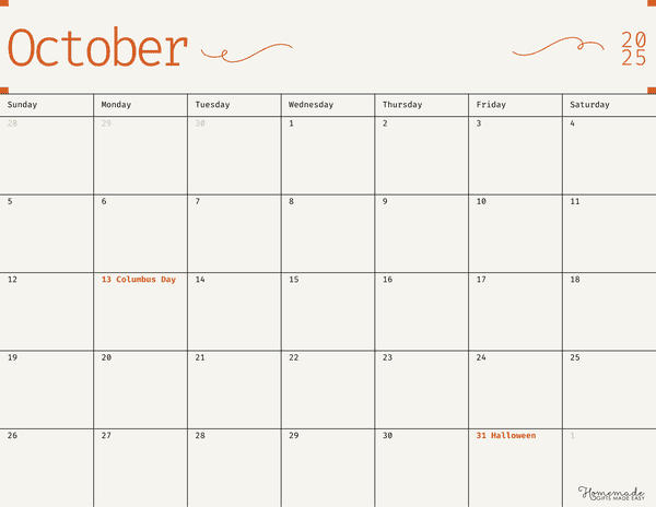 October Calendar 2025 Simple Elegant Orange Minimalism