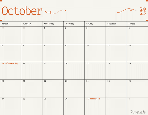 October Calendar 2025 Simple Elegant Orange Minimalism Monday Start