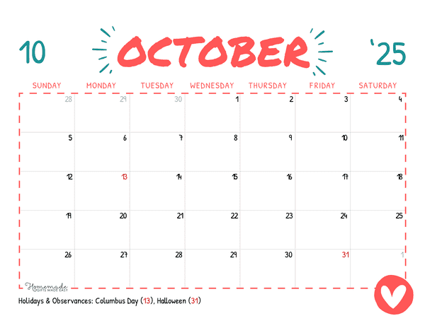 October Calendar 2025 Simple Playful