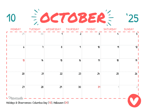 October Calendar 2025 Simple Playful Monday Start